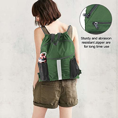 BeeGreen Drawstring Backpack Bag with Shoe Compartment, X-Large Black Gym Sports String Cinch Backpack - color: Dark Green