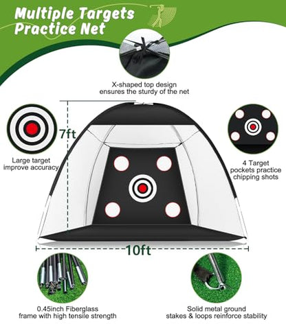 Golf Net: 10x7ft Golf Practice Net for Backyard Chipping Driving with Dual-Turf Golf Hitting Mat, All-in-1 Outdoor Indoor Golf Hitting Net with Multiple Targets, Golf Aid for Men/Golf Lovers