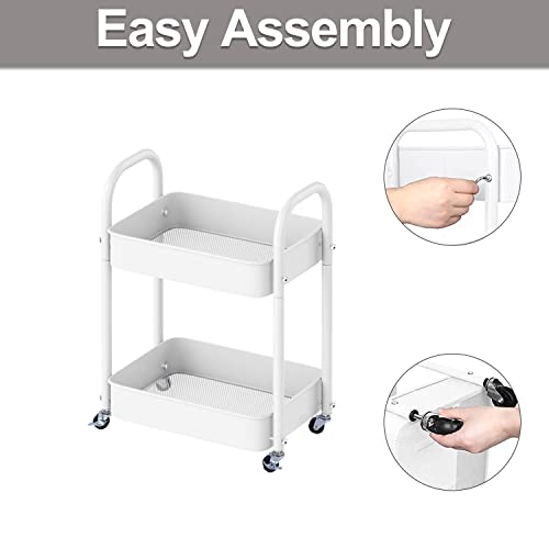 2 Tier All-Metal Rolling Cart, Rolling Storage Cart with Handle and Locking Wheels Kitchen Cart Laundry Office Bathroom Storage Organizer Cart, White - size: 2 Tier White