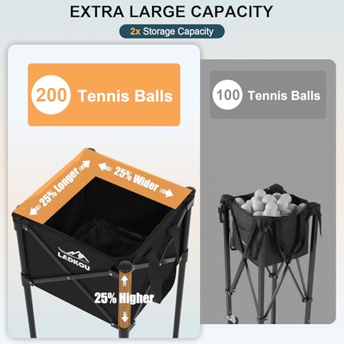 Extra Large Tennis Ball Hopper, Holds 200 Balls, Foldable Tennis Ball Basket with Wheels & Removable Bag, Lightweight Pickleball Caddy Cart for Baseball/Softball, for Training/Teaching, Black