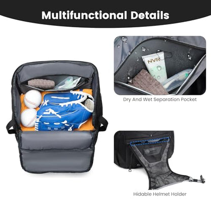 Softball Bag,Softball Bat Bag For Youth Adults,Baseball Bag with Fence Hook for TBall Bat & Equipment,Lightweight Baseball Bat Backpack with Shoe Compartment,Large Main Compartment for Helmet - color: Black