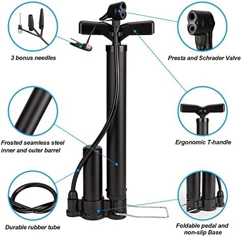 Portable Bike Pump - 160PSI High Pressure Bicycle Tire Pump for Presta & Schrader Valves - Hand Air Pump for Mountain/Road Bikes, Basketballs, Inflatables - Mini Bike Pump with Needle Included