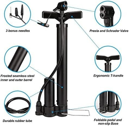 Portable Bike Pump - 160PSI High Pressure Bicycle Tire Pump for Presta & Schrader Valves - Hand Air Pump for Mountain/Road Bikes, Basketballs, Inflatables - Mini Bike Pump with Needle Included