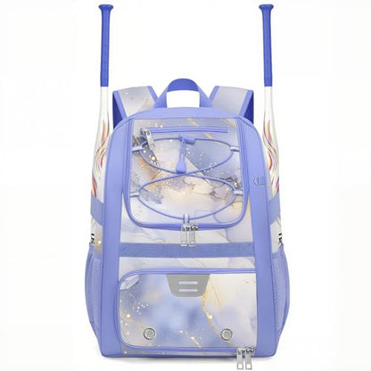 Youth Baseball Bag - Softball Bag for Girls & Boys with Shoes Compartment, Bat Backpack for Baseball, T-Ball & Softball Equipment - color: Marbled-Gray Purple