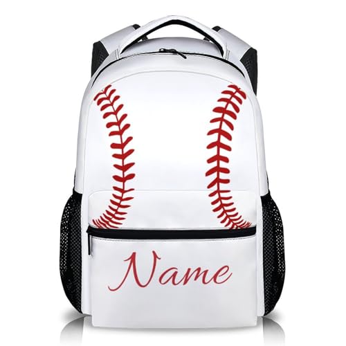 Custom Baseball Sport Kid's Backpack with Name/Text Preschool Backpack for Boys Girls, 17 Inch Ball Bookbag for Preschool Elementary Kindergarten Vacation Travel Picnic - color: White