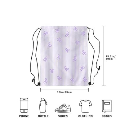 Castle Fairy Bow Drawstring Gym Bag,Purple Bowknot Stripes Foldable Waterproof Drawstring Backpack,Sweet Princess Style Draw String Back Bags for Shopping,Swimming,Beach - color: Purple