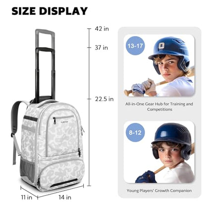AUROTIER Rolling Baseball Backpack with Off-road Wheels, Wheeled Catchers Gear Bag for Baseball Equipment, 4 Bats, Large Softball Bag for TBall, Helmet & Accessories with Fence Hook - color: White Camo
