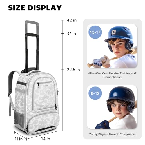 AUROTIER Rolling Baseball Backpack with Off-road Wheels, Wheeled Catchers Gear Bag for Baseball Equipment, 4 Bats, Large Softball Bag for TBall, Helmet & Accessories with Fence Hook - color: White Camo