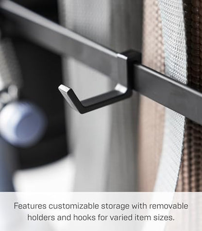 YAMAZAKI Home Tower Rolling Slim Fitness Rack with Adjustable Holder, Casters, Hooks for Gear Organization - Steel
