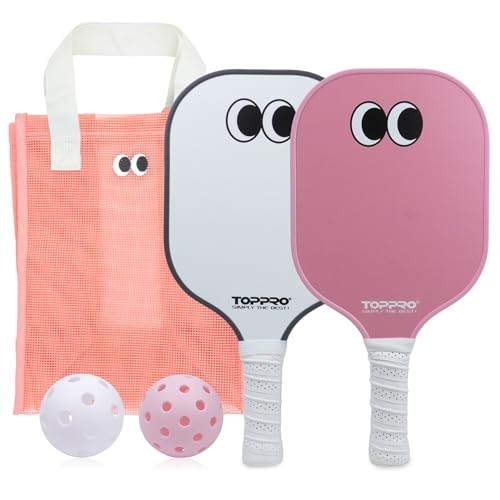 TOPPRO Pickleball Paddles Set of 2, Fiberglass Face, Polypropylene Honeycomb Core, Lightweight Pickleball Rackets 2 Pack - color: EYE Pink& White