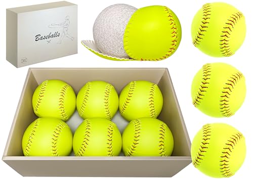 6 Pack Sports Practice Softballs - 12-Inch Official Size and Weight Slowpitch Softball, Unmarked & Leather Covered Training Ball for Games, Practice and Training, yellow
