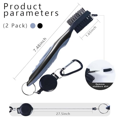 OBTANIM 2 Pack Golf Club Brush Groove Cleaner Tools with Retractable Zip-line Aluminum Carabiner for Golf Club Bag Accessories - color: Black and Gray