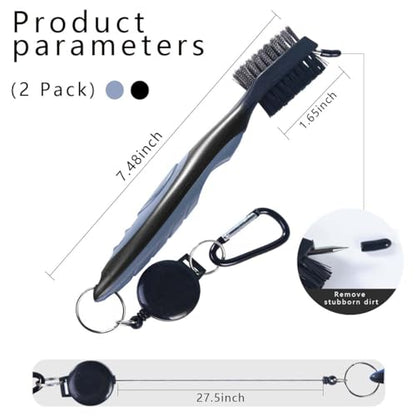 OBTANIM 2 Pack Golf Club Brush Groove Cleaner Tools with Retractable Zip-line Aluminum Carabiner for Golf Club Bag Accessories - color: Black and Gray