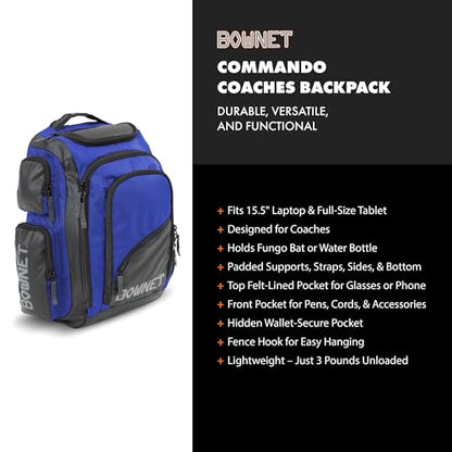 Bownet Commando Coaches Bat Bag – Baseball & Softball Backpack with Fungo Holder, 15.5” Laptop & Tablet Pocket, Large Gear Storage, Padded Straps, Youth & Adult, Royal Blue - color: Royal Blue
