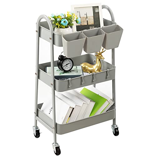 danpinera 3-Tier Rolling Cart, Metal Rolling Storage Cart with Lockable Wheels & Hanging Cups & Hooks, Mobile Trolley Cart for Kitchen, Bathroom, Office, Workshop, Gray - color: Grey, size: Normal (3 tier)