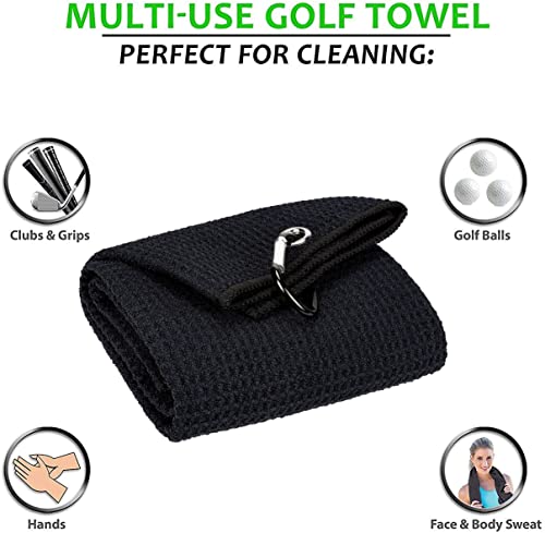 Golf Towels, Microfiber Waffle Pattern Tri-fold Golf Towel - Brush Tool Kit with Club Groove Cleaner, with Clip Men Women Golf Gifts (Black Towel+Black Brush)
