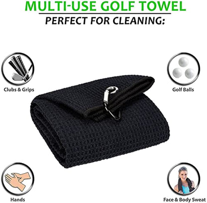 Golf Towels, Microfiber Waffle Pattern Tri-fold Golf Towel - Brush Tool Kit with Club Groove Cleaner, with Clip Men Women Golf Gifts (Black Towel+Black Brush)