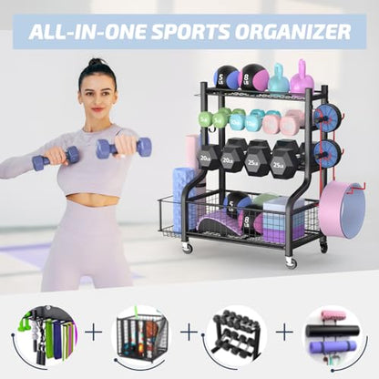 PLKOW Dumbbell Rack, Weight Rack for Dumbbells, Home Gym Storage for Dumbbells Kettlebells Yoga Mat and Balls, All in One Workout Storage with Wheels and Hooks, Powder Coated Finish Steel