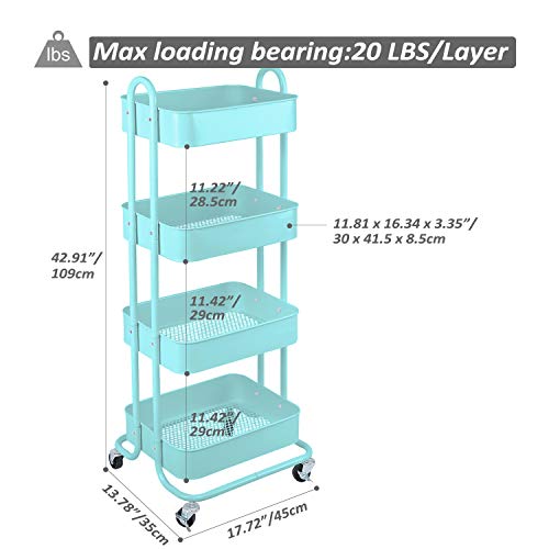 Melody House 4-Tier Metal Mesh Utility Rolling Cart Storage Organizer Shelf Rack with Lockable Wheels for Living Room Kitchen Office, Turquoise
