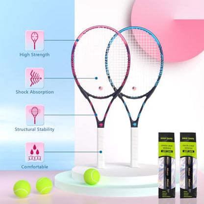 Adult 2 Player Tennis Racket Perfect for Beginner and Professional Players, 27” Speed Tennis Racquet Include Tennis Balls, Overgrips, Tennis Bag, Vibration Dampe, Cover - color: Black Blue & Pink