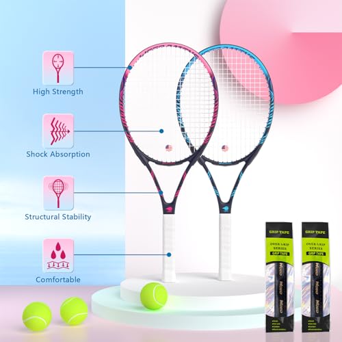 Adult 2 Player Tennis Racket Perfect for Beginner and Professional Players, 27” Speed Tennis Racquet Include Tennis Balls, Overgrips, Tennis Bag, Vibration Dampe, Cover - color: Black Blue & Pink