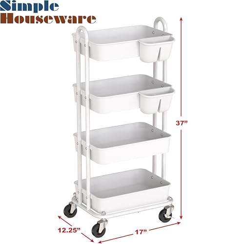 Simple Houseware 4-Tier Multifunctional Rolling Utility Cart with Hanging Buckets, White - color: White, size: 4-Tier