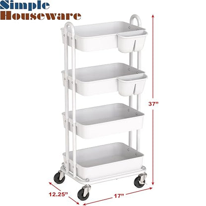 Simple Houseware 4-Tier Multifunctional Rolling Utility Cart with Hanging Buckets, White - color: White, size: 4-Tier