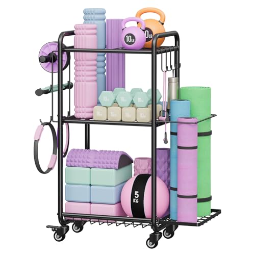 Multi-Functional Home Gym Storage Rack - Yoga Mat Storage Rack, Dumbbell Weight Rack & Workout Equipment Storage with Heavy-Duty Steel Construction for Gym Fitness Organizer - color: Black