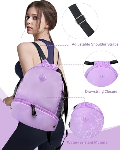 RHDZO Drawstring Backpack Gym Backpack with Shoe Compartment for Men Women String Sports Bag with Wet Pocket Cinch Swim Beach Bag, Large Purple - color: Large Purple