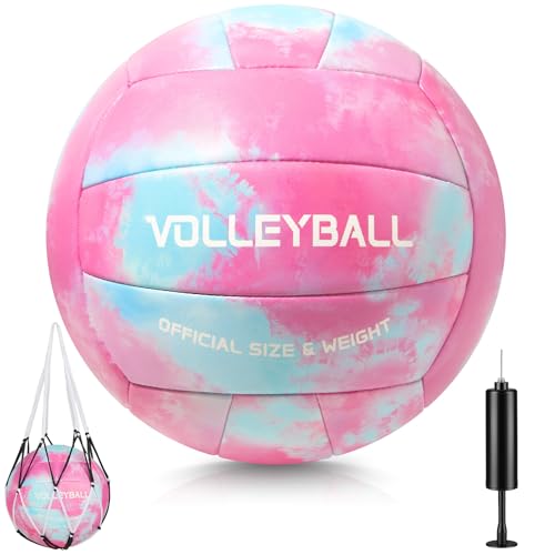 Soft Touch Volleyball Official Size 5, PU Leather Training Ball for Girls Beginners Kids Youth, Printed Indoor Outdoor Practice Volleyball with Pump & Mesh Bag for School Gym & Backyard - color: Pink Tie-Dye