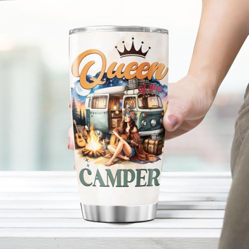 Queen of the Camper Gift 20oz Stainless Steel Tumbler, Insulated Coffee Travel Mug with Girl and Van Artwork, Camper Themed Outdoor Adventure Cup for Women, Camping Enthusiasts - color: Camping Lover