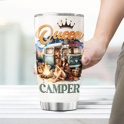 Queen of the Camper Gift 20oz Stainless Steel Tumbler, Insulated Coffee Travel Mug with Girl and Van Artwork, Camper Themed Outdoor Adventure Cup for Women, Camping Enthusiasts - color: Camping Lover