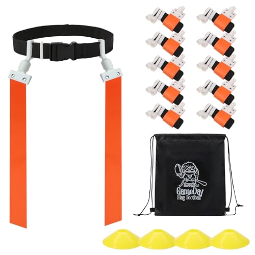 Gameday Flag Football Set – Kits for 2–14 Players w/Belts, Agility Cones & Carry Bag – Available in Multi Colors & Sizes - color: Orange 10 Pcs, style: Modern