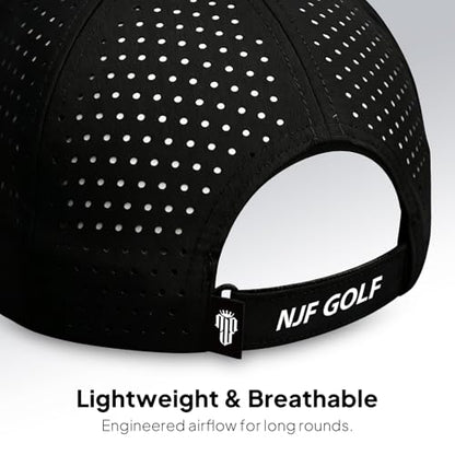 NJF Golf Hat Men - Breathable Mens Golf Hats, Adjustable Rope Hook and Loop Style Cap, Convenient Cap with Tee Holder - color: Black
