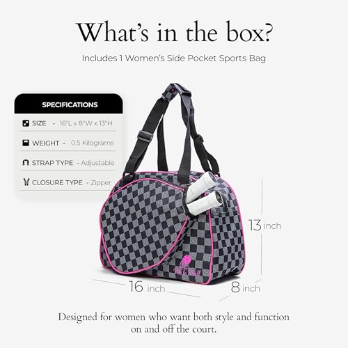 Pik’le’Ball Sport Premium Women's Pickleball Bag – Stylish and Versatile Sports Bag with Water Bottle Holder, Padded Paddle Pocket, and Spacious Design (fits 2+ Paddles!) - color: Checkered Chic Black