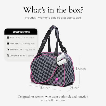 Pik’le’Ball Sport Premium Women's Pickleball Bag – Stylish and Versatile Sports Bag with Water Bottle Holder, Padded Paddle Pocket, and Spacious Design (fits 2+ Paddles!) - color: Checkered Chic Black