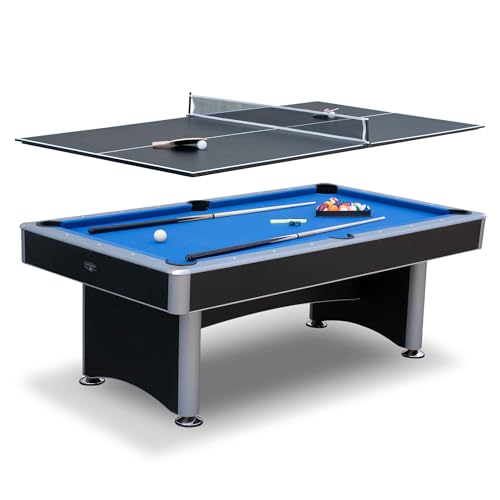 Hathaway Maverick 7 Foot Pool Table with Table Tennis Top – with Accessories for Both Games – Space-Saving Ping Pong and Pool Table Combo for Families – Matte Black Finish - color: Black with Blue Felt