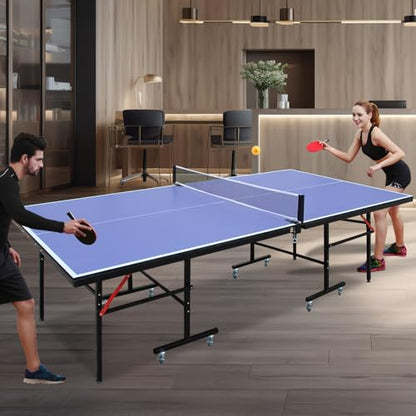 Ping Pong Table Foldable & Portable 6/8/9FT Table Tennis Table Set for Indoor & Outdoor Games with Net & Post, 2 Table Tennis Paddles and 3 Balls (Blue-8FT with Wheels)