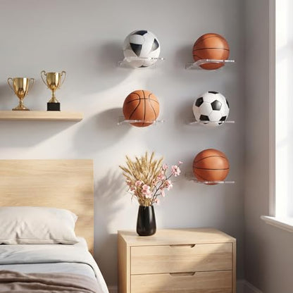4 Pcs Basketball Holder Wall Mount, Acrylic Ball Display Rack Wall Mount Clear Sports Ball Storage Hanger for Football Soccer Volleyball Rugby