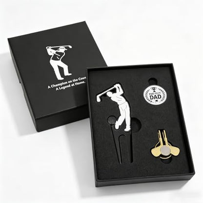 Father's Day Golf Gifts for Men Dad, Golf Repair Divot Tool with Golfer Silhouette, Par-FECT Dad Golf Ball Marker, Gold Magnetic Club-Style Hat Clip, Unique Golf Gift from Daughter/Son/Kids