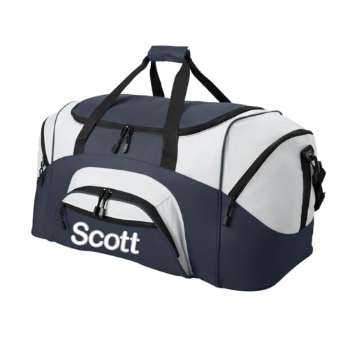 Personalized Large Duffel Bag, Football, Soccer, Basketball, Baseball Duffle Bag, Athlete Gift, Sport Bag, Embroidered Name, Navy/Grey - color: Navy/Grey