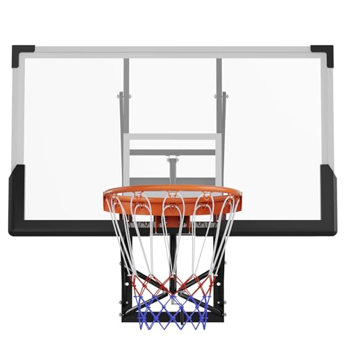 Wall Mounted Basketball Hoop, 48'' Shatterproof Backboard with Rim, Adjustable Height 8-10'' Hand Crank Goal, Indoor & Outdoor with Adjustable Height, Classic Basketball Court, Teens, Adults, Schools