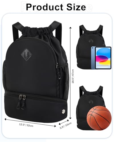 RHDZO Drawstring Backpack Gym Backpack with Shoe Compartment for Men Women String Sports Bag with Wet Pocket Cinch Swim Beach Bag, Large Black - color: Large Black