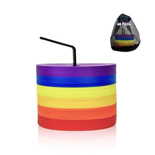 Ashsajkd 48 Pack 6 Inch Flat Soccer Cones, Multicolor Non-Skid Spot Markers with Holes, Flat Cones for Sports Training, Football, Baseball, Agility Training Equipment
