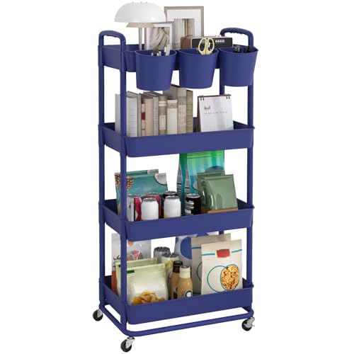 JIUYOTREE 4-Tier Plastic Rolling Storage Cart Utility Cart with Extra Hanging Cups Handles Lockable Wheels for Living Room Bathroom Kitchen Office Blue - color: Blue, size: 4-Tier