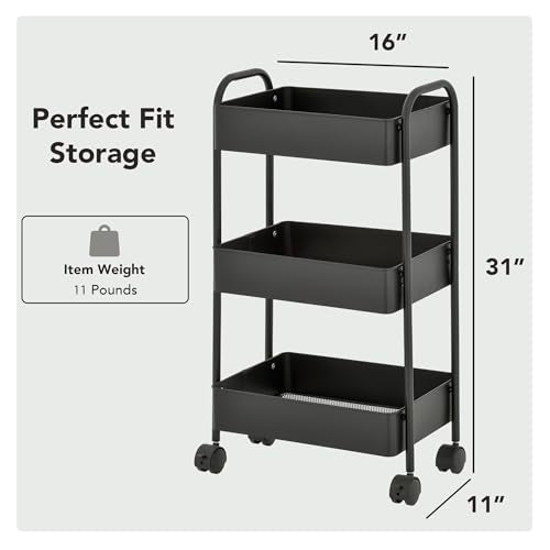Displays By Jack 3-Tier Rolling Storage Cart, Metal Utility Organizer on Wheels – Deep Mesh Baskets for Kitchen, Pantry, Laundry, Bathroom, Home
