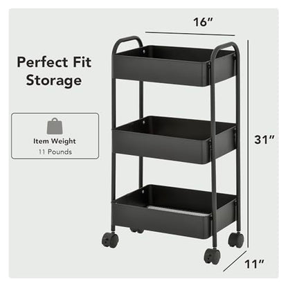 Displays By Jack 3-Tier Rolling Storage Cart, Metal Utility Organizer on Wheels – Deep Mesh Baskets for Kitchen, Pantry, Laundry, Bathroom, Home