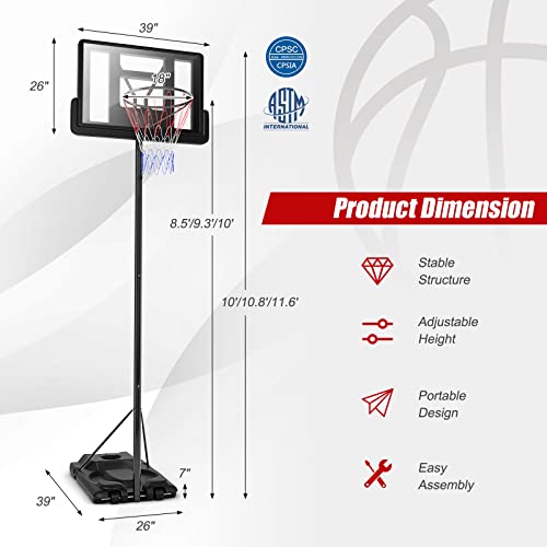Goplus Portable Basketball Hoop Outdoor, 8.5-10FT Height Adjustable Basketball Stand w/39Inch Shatterproof Backboard, Fillable Base, 2 Nets, Indoor Ouside Driveway Court Basketball Goal for Adults