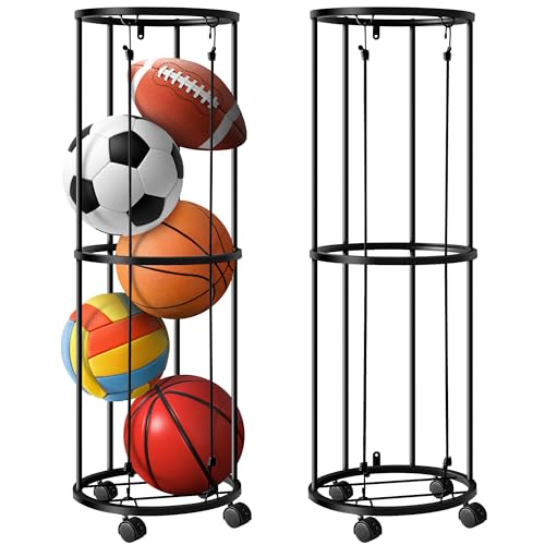 RunNico Columnar Vertical Ball Racks- 40x13.2 Inch Rolling Basketball Holder Wall Mount-Garage Sports Ball Storage for Indoor Rooms and Gyms