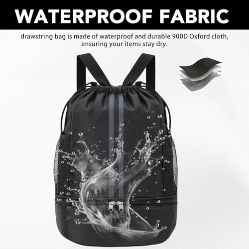 Pimoys Drawstring Backpack Gym Bag, Waterproof String Backpack with Side Mesh Pockets, Beach Bag for Basketball, Soccer, Swim, Wrestling Bag for Women Men